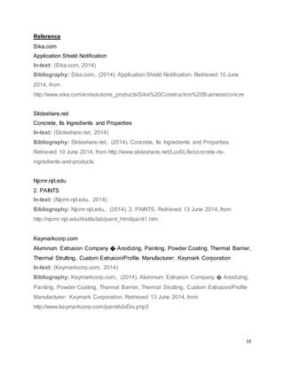 18
Reference
Sika.com
Application Shield Notification
In-text: (Sika.com, 2014)
Bibliography: Sika.com,. (2014). Application Shield Notification. Retrieved 10 June
2014, from
http://www.sika.com/en/solutions_products/Sika%20Construction%20Business/concre
Slideshare.net
Concrete, Its Ingredients and Properties
In-text: (Slideshare.net, 2014)
Bibliography: Slideshare.net,. (2014). Concrete, Its Ingredients and Properties.
Retrieved 10 June 2014, from http://www.slideshare.net/LuvSLife/concrete-its-
ingredients-and-products
Njcmr.njit.edu
2. PAINTS
In-text: (Njcmr.njit.edu, 2014)
Bibliography: Njcmr.njit.edu,. (2014). 2. PAINTS. Retrieved 13 June 2014, from
http://njcmr.njit.edu/distils/lab/paint_html/paint1.htm
Keymarkcorp.com
Aluminum Extrusion Company � Anodizing, Painting, Powder Coating, Thermal Barrier,
Thermal Strutting, Custom Extrusion/Profile Manufacturer: Keymark Corporation
In-text: (Keymarkcorp.com, 2014)
Bibliography: Keymarkcorp.com,. (2014). Aluminum Extrusion Company � Anodizing,
Painting, Powder Coating, Thermal Barrier, Thermal Strutting, Custom Extrusion/Profile
Manufacturer: Keymark Corporation. Retrieved 13 June 2014, from
http://www.keymarkcorp.com/paintAdvDis.php3
 