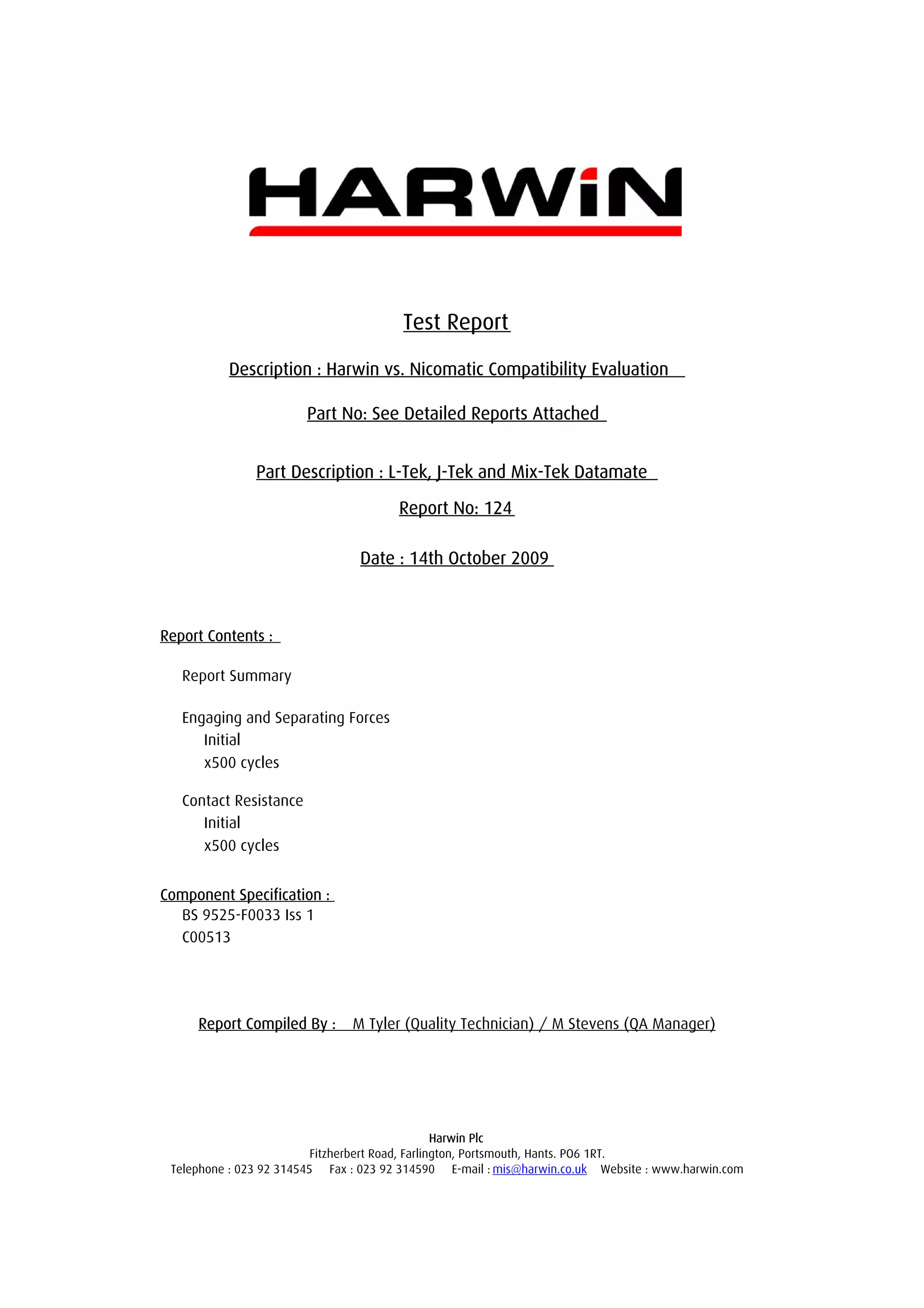 Component Compatibility Data Report Harwin vs. Nicomatic Compatibility Evaluation | PDF
