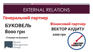 EXTERNAL RELATIONS
Генеральний партнер
БУКОВЕЛЬ
8000 грн
- Стажери на Буковелі
Фінансовий партнер
ВЕКТОР АУДИТУ
1000 грн
 
