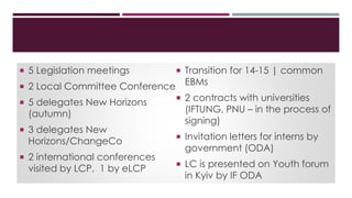  5 Legislation meetings
 2 Local Committee Conference
 5 delegates New Horizons
(autumn)
 3 delegates New
Horizons/ChangeCo
 2 international conferences
visited by LCP, 1 by eLCP
 Transition for 14-15 | common
EBMs
 2 contracts with universities
(IFTUNG, PNU – in the process of
signing)
 Invitation letters for interns by
government (ODA)
 LC is presented on Youth forum
in Kyiv by IF ODA
 