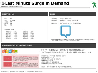 ◎Last Minute Surge in Demand
消費税率8％引き上げ前の駆け込み需要はあるのか？

回答者プロファイル
・性別
・年齢
・未既婚
・居住地
・職業

調査概要

：男女
：20～69歳
：不問
：全国
：不問

・実施期間
・実施機関

：2013年12月2日～13日
：株式会社ドゥ・ハウス リサーチ２部

・調査手法

：myアンケート（オンライン定量リサーチ）

・有効回収サンプル数
男性20代
男性30代
男性40代
男性50代
男性60代

：183s
：788s
：1461s
：1477s
：829s

女性20代
女性30代
女性40代
女性50代
女性60代

：257s
：1332s
：1973s
：1228s
：472s
※本調査の回答者に追跡アンケートを実施することが可能です。「なぜそう思うのか？」「実際にそのように行動した
のか？」を深掘りすることで、より“使える”データを得ることができます。

貴社の増税対策に効く！／「モラタメ」のご紹介

トライアーを獲得したい、試用者から商品の感想を聞きたい、
ブログでクチコミの山を作りたい、そんなご要望にお応えいたします！
◎「モラえる」と「タメせる」の2つのサービスで、
◎100万人以上にリーチし、
◎本当に使ってほしいユーザーに対して、
◎低価格でサンプリング。
◎さらに、良質なクチコミが波及する
◎日本最大級のクチコミ＆SPメディアです。
◎さらに、「モラタメ追跡アンケート」で効果検証も可能です。

2013年12月11日

／

株式会社ドゥ・ハウス（リサーチ２部） ／

(c) DO HOUSE Inc. All rights reserved.

4

 