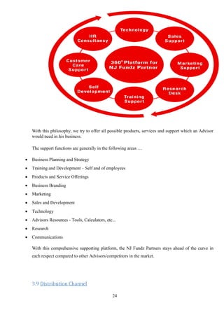 24
With this philosophy, we try to offer all possible products, services and support which an Advisor
would need in his business.
The support functions are generally in the following areas …
 Business Planning and Strategy
 Training and Development – Self and of employees
 Products and Service Offerings
 Business Branding
 Marketing
 Sales and Development
 Technology
 Advisors Resources - Tools, Calculators, etc...
 Research
 Communications
With this comprehensive supporting platform, the NJ Fundz Partners stays ahead of the curve in
each respect compared to other Advisors/competitors in the market.
3.9 Distribution Channel
 
