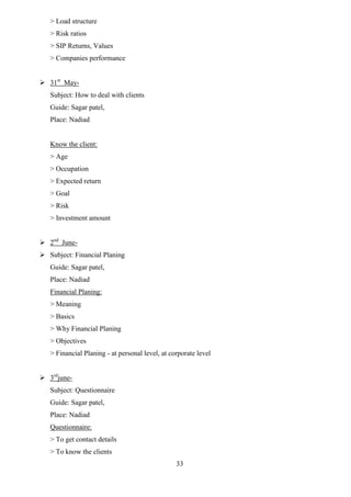 33
> Load structure
> Risk ratios
> SIP Returns, Values
> Companies performance
 31st
May-
Subject: How to deal with clients
Guide: Sagar patel,
Place: Nadiad
Know the client:
> Age
> Occupation
> Expected return
> Goal
> Risk
> Investment amount
 2nd
June-
 Subject: Financial Planing
Guide: Sagar patel,
Place: Nadiad
Financial Planing:
> Meaning
> Basics
> Why Financial Planing
> Objectives
> Financial Planing - at personal level, at corporate level
 3rd
june-
Subject: Questionnaire
Guide: Sagar patel,
Place: Nadiad
Questionnaire:
> To get contact details
> To know the clients
 