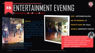 ENTERTAINMENT EVENING#kauranshraya#joy#music#heals
10-06-2015 @Annual Report 2014-15, Rotaract Club of Bangalore E-City, Dist. 3190 11
DATE: SEPTEMBER 06,2014
NO. OF MEMBERS: 17
PROJECT CHAIR: Rtr. Vijaya
AVENUE: COMMUNITY SERVICE
Objective: The aim of the
project was to spend an evening
at Karunashraya and to
entertain the residents. There
was a band performance along
with a solo performance by one
of the members. Apart from
music there was also a dance
performance by three of the
members.
Outcome: After having lightened the
mood for some time every member left
with an awakening to value life!
“This was one of the most memorable
projects. To have spent an evening
entertaining terminally ill cancer patients
was truly worthwhile. It makes you
appreciate your good health and be
grateful” , says Sagarika
 