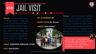 10-06-2015 @Annual Report 2014-15, Rotaract Club of Bangalore E-City, Dist. 3190 15
JAIL VISIT#newperspective#life#behind#bars#SOCAREkids
VENUE: PARAPPANA AGRAHARA, B’LORE
DATE: NOV 09,2014
NO. OF MEMBERS: 09
PROJECT CHAIR: Rtr. Shreyas
AVENUE: CLUB SERVICE
Objective: The visit to the jail was aimed
at creating awareness among the
members, about the living conditions in a
jail and educational provisions provided
to the inmates. As we work so closely
with children of jail inmates, the
members also wished to have a dialogue
with the authorities’ to understand the
provisions given by the state to these
children.
Outcome: In our visit, the members learnt about
the poor sanitation conditions in the emergency
rooms. In the kids sections, an acute shortage of
play material was noticed. The members decided
to collect the same for the kids and hand them
over during the next visit. A dialogue with the
authorities was not possible and hence a direct
meeting with them was decided to be scheduled.
“This visit was an unique experience,
everyone has a nation of what a jail must
be, influenced either by books or
newspapers however the reality of it is
very different.”, says Pallavi
 