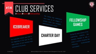 10-06-2015 @Annual Report 2014-15, Rotaract Club of Bangalore E-City, Dist. 3190 19
CLUB SERVICES#share#bond#fellowship
ICEBREAKER
CHARTER DAY
FELLOWSHIP
GAMES
 