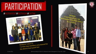 10-06-2015 @Annual Report 2014-15, Rotaract Club of Bangalore E-City, Dist. 3190 26
PARTICIPATION
#ROTAFEST#ROTASIA#DLTW
 