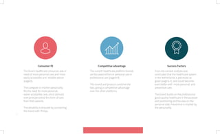 15
Consumer fit
The Dutch healthcare consumer was in
need of more personal care and more
easily accessible and reliable advice
(page 6).
The caregiver or mother personality
fits the need for more personal,
easier accessible care, since (almost)
everyone perceived this form of care
from their parents.
The reliability is ensured by connecting
the brand with Philips.
Competitive advantage
The current healthcare platform brands
are focussed either on personal use or
professional use (page 8-9)
This brand and product combine the
two, giving a competitive advantage
over the other platforms.
Success Factors
From the context analysis was
concluded that the healthcare system
in the Netherlands is perceived as
good (page 6-7), and could become
even better with more personal and
preventive care.
The brand builds on the professional
good quality healthcare in the purpose
and positioning and focuses on the
personal side. Preventive is implied by
the personality.
 