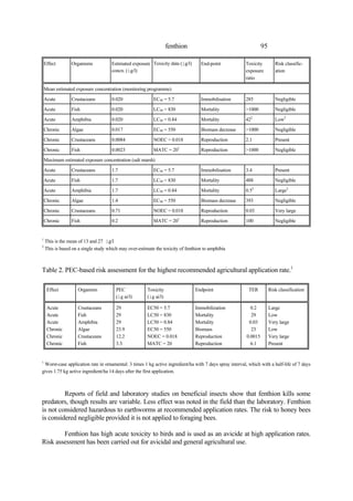 95
fenthion
Effect Organisms Estimated exposure
concn. (ìg/l)
Toxicity data (ìg/l) End-point Toxicity
exposure
ratio
Risk classific-
ation
Mean estimated exposure concentration (monitoring programme)
Acute Crustaceans 0.020 EC50 = 5.7 Immobilisation 285 Negligible
Acute Fish 0.020 LC50 = 830 Mortality >1000 Negligible
Acute Amphibia 0.020 LC50 = 0.84 Mortality 422
Low2
Chronic Algae 0.017 EC50 = 550 Biomass decrease >1000 Negligible
Chronic Crustaceans 0.0084 NOEC = 0.018 Reproduction 2.1 Present
Chronic Fish 0.0023 MATC = 201
Reproduction >1000 Negligible
Maximum estimated exposure concentration (salt marsh)
Acute Crustaceans 1.7 EC50 = 5.7 Immobilisation 3.4 Present
Acute Fish 1.7 LC50 = 830 Mortality 488 Negligible
Acute Amphibia 1.7 LC50 = 0.84 Mortality 0.52
Large2
Chronic Algae 1.4 EC50 = 550 Biomass decrease 393 Negligible
Chronic Crustaceans 0.71 NOEC = 0.018 Reproduction 0.03 Very large
Chronic Fish 0.2 MATC = 201
Reproduction 100 Negligible
1
This is the mean of 13 and 27 ìg/l
2
This is based on a single study which may over-estimate the toxicity of fenthion to amphibia
Table 2. PEC-based risk assessment for the highest recommended agricultural application rate.1
Effect Organism PEC
(ìg ai/l)
Toxicity
(ìg ai/l)
Endpoint TER Risk classification
Acute
Acute
Acute
Chronic
Chronic
Chronic
Crustaceans
Fish
Amphibia
Algae
Crustaceans
Fish
29
29
29
23.9
12.2
3.3
EC50 = 5.7
LC50 = 830
LC50 = 0.84
EC50 = 550
NOEC = 0.018
MATC = 20
Immobilization
Mortality
Mortality
Biomass
Reproduction
Reproduction
0.2
29
0.03
23
0.0015
6.1
Large
Low
Very large
Low
Very large
Present
1
Worst-case application rate in ornamental: 3 times 1 kg active ingredient/ha with 7 days spray interval, which with a half-life of 7 days
gives 1.75 kg active ingredient/ha 14 days after the first application.
Reports of field and laboratory studies on beneficial insects show that fenthion kills some
predators, though results are variable. Less effect was noted in the field than the laboratory. Fenthion
is not considered hazardous to earthworms at recommended application rates. The risk to honey bees
is considered negligible provided it is not applied to foraging bees.
Fenthion has high acute toxicity to birds and is used as an avicide at high application rates.
Risk assessment has been carried out for avicidal and general agricultural use.
 