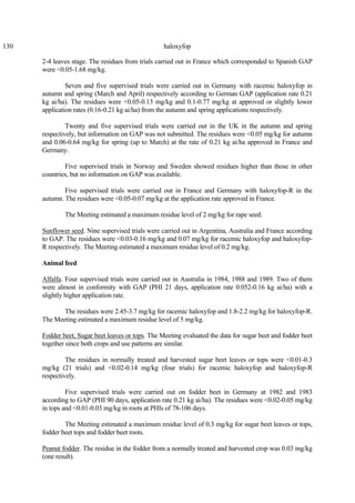 130 haloxyfop
2-4 leaves stage. The residues from trials carried out in France which corresponded to Spanish GAP
were <0.05-1.68 mg/kg.
Seven and five supervised trials were carried out in Germany with racemic haloxyfop in
autumn and spring (March and April) respectively according to German GAP (application rate 0.21
kg ai/ha). The residues were <0.05-0.13 mg/kg and 0.1-0.77 mg/kg at approved or slightly lower
application rates (0.16-0.21 kg ai/ha) from the autumn and spring applications respectively.
Twenty and five supervised trials were carried out in the UK in the autumn and spring
respectively, but information on GAP was not submitted. The residues were <0.05 mg/kg for autumn
and 0.06-0.64 mg/kg for spring (up to March) at the rate of 0.21 kg ai/ha approved in France and
Germany.
Five supervised trials in Norway and Sweden showed residues higher than those in other
countries, but no information on GAP was available.
Five supervised trials were carried out in France and Germany with haloxyfop-R in the
autumn. The residues were <0.05-0.07 mg/kg at the application rate approved in France.
The Meeting estimated a maximum residue level of 2 mg/kg for rape seed.
Sunflower seed. Nine supervised trials were carried out in Argentina, Australia and France according
to GAP. The residues were <0.03-0.16 mg/kg and 0.07 mg/kg for racemic haloxyfop and haloxyfop-
R respectively. The Meeting estimated a maximum residue level of 0.2 mg/kg.
Animal feed
Alfalfa. Four supervised trials were carried out in Australia in 1984, 1988 and 1989. Two of them
were almost in conformity with GAP (PHI 21 days, application rate 0.052-0.16 kg ai/ha) with a
slightly higher application rate.
The residues were 2.45-3.7 mg/kg for racemic haloxyfop and 1.8-2.2 mg/kg for haloxyfop-R.
The Meeting estimated a maximum residue level of 5 mg/kg.
Fodder beet, Sugar beet leaves or tops. The Meeting evaluated the data for sugar beet and fodder beet
together since both crops and use patterns are similar.
The residues in normally treated and harvested sugar beet leaves or tops were <0.01-0.3
mg/kg (21 trials) and <0.02-0.14 mg/kg (four trials) for racemic haloxyfop and haloxyfop-R
respectively.
Five supervised trials were carried out on fodder beet in Germany at 1982 and 1983
according to GAP (PHI 90 days, application rate 0.21 kg ai/ha). The residues were <0.02-0.05 mg/kg
in tops and <0.01-0.03 mg/kg in roots at PHIs of 78-106 days.
The Meeting estimated a maximum residue level of 0.3 mg/kg for sugar beet leaves or tops,
fodder beet tops and fodder beet roots.
Peanut fodder. The residue in the fodder from a normally treated and harvested crop was 0.03 mg/kg
(one result).
 