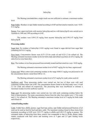 131
haloxyfop
The Meeting concluded that a single result was not sufficient to estimate a maximum residue
level.
Rape fodder. Residues in rape fodder treated according to GAP and harvested at maturity were <0.05-
0.12 mg/kg.
Pasture. Four supervised trials with racemic haloxyfop and two with haloxyfop-R were carried out in
Australia in 1988 and 1989 according to GAP.
The residues were 0.49-3.35 mg/kg from racemic haloxyfop and 0.99-1.47 mg/kg from
haloxyfop-R.
Processing studies
Sugar beet. No residues of haloxyfop (<0.01 mg/kg) were found in sugar derived from sugar beet
containing 0.07-0.11 mg/kg.
Soya beans. Concentration factors were 0.37-1.25 for crude oil and 0.22-1.2 for refined oil. The
Meeting estimated maximum residue levels for both crude and refined soya bean oil of 0.2 mg/kg, the
same level as soya bean (dry).
Rice. The residues in rice bran processed from normally treated and harvested rice were <0.02 mg/kg.
The Meeting estimated a maximum residue level of 0.02* mg/kg for rice bran, unprocessed.
Cotton seed. When cotton seed containing residues in the range 0.06-0.1 mg/kg was processed to oil
the concentration factors varied from 0.88 to 1.6.
The Meeting estimated a maximum residue level of 0.5 mg/kg for crude cotton seed oil.
Sunflower seed. Three processing studies were carried out, but two of them were with seed
containing residues below the LOD. The concentration factors found in the third study were 1.8 and
2.2 for crude and refined oil respectively. The processing data were insufficient to estimate a
maximum residue level for sunflower seed oil.
Rape seed. Six processing studies were carried out, two with seeds containing residues below the
limit of determination. The mean concentration factors from the other four studies were 1.7 for crude
and 2.1 for refined oil. The Meeting estimated a maximum residue level of 5 mg/kg for both crude
and refined oil.
Animal feeding studies
Cattle. Fodder beet, alfalfa, pasture, sugar beet tops, pulses, rape fodder and processed fractions of oil
seed can be used as feed for beef and dairy cattle. The maximum residues found in these items from
treatments according to GAP were 2.45-3.71 mg/kg in alfalfa and 0.49-3.35 mg/kg in pasture. The
estimated intake of haloxyfop from these sources was comparable to that in 28-day dietary intake
studies conducted with beef calves and lactating cows at 5 ppm and 2.5 ppm feeding levels
respectively.
 