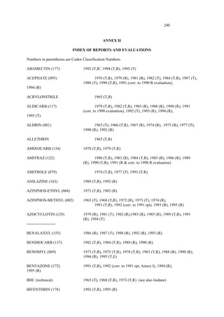 240
ANNEX II
INDEX OF REPORTS AND EVALUATIONS
Numbers in parentheses are Codex Classification Numbers.
ABAMECTIN (177) 1992 (T,R)
, 1994 (T,R), 1995 (T)
ACEPHATE (095) 1976 (T,R), 1979 (R), 1981 (R), 1982 (T), 1984 (T,R), 1987 (T),
1988 (T), 1990 (T,R), 1991 (corr. to 1990 R evaluation),
1994 (R)
ACRYLONITRILE 1965 (T,R)
ALDICARB (117) 1979 (T,R), 1982 (T,R), 1985 (R), 1988 (R), 1990 (R), 1991
(corr. to 1990 evaluation), 1992 (T), 1993 (R), 1994 (R),
1995 (T)
ALDRIN (001) 1965 (T), 1966 (T,R), 1967 (R), 1974 (R), 1975 (R), 1977 (T),
1990 (R), 1992 (R)
ALLETHRIN 1965 (T,R)
AMINOCARB (134) 1978 (T,R), 1979 (T,R)
AMITRAZ (122) 1980 (T,R), 1983 (R), 1984 (T,R), 1985 (R), 1986 (R), 1989
(R), 1990 (T,R), 1991 (R & corr. to 1990 R evaluation)
AMITROLE (079) 1974 (T,R), 1977 (T), 1993 (T,R)
ANILAZINE (163) 1989 (T,R), 1992 (R)
AZINPHOS-ETHYL (068) 1973 (T,R), 1983 (R)
AZINPHOS-METHYL (002) 1965 (T), 1968 (T,R), 1972 (R), 1973 (T), 1974 (R),
1991 (T,R), 1992 (corr. to 1991 rpt), 1993 (R), 1995 (R)
AZOCYCLOTIN (129) 1979 (R), 1981 (T), 1982 (R),1983 (R), 1985 (R), 1989 (T,R), 1991
(R), 1994 (T)
----------------------
BENALAXYL (155) 1986 (R), 1987 (T), 1988 (R), 1992 (R), 1993 (R)
BENDIOCARB (137) 1982 (T,R), 1984 (T,R), 1989 (R), 1990 (R)
BENOMYL (069) 1973 (T,R), 1975 (T,R), 1978 (T,R), 1983 (T,R), 1988 (R), 1990 (R),
1994 (R), 1995 (T,E)
BENTAZONE (172) 1991 (T,R), 1992 (corr. to 1991 rpt, Annex I), 1994 (R),
1995 (R)
BHC (technical) 1965 (T), 1968 (T,R), 1973 (T,R) (see also lindane)
BIFENTHRIN (178) 1992 (T,R), 1995 (R)
 