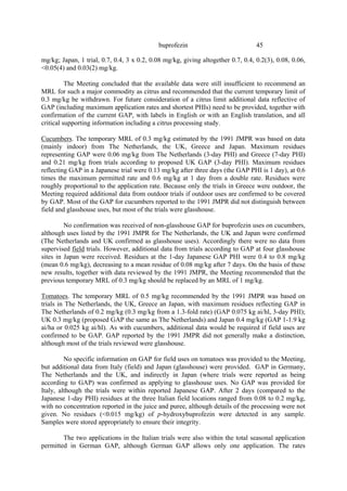 45
buprofezin
mg/kg; Japan, 1 trial, 0.7, 0.4, 3 x 0.2, 0.08 mg/kg, giving altogether 0.7, 0.4, 0.2(3), 0.08, 0.06,
<0.05(4) and 0.03(2) mg/kg.
The Meeting concluded that the available data were still insufficient to recommend an
MRL for such a major commodity as citrus and recommended that the current temporary limit of
0.3 mg/kg be withdrawn. For future consideration of a citrus limit additional data reflective of
GAP (including maximum application rates and shortest PHIs) need to be provided, together with
confirmation of the current GAP, with labels in English or with an English translation, and all
critical supporting information including a citrus processing study.
Cucumbers. The temporary MRL of 0.3 mg/kg estimated by the 1991 JMPR was based on data
(mainly indoor) from The Netherlands, the UK, Greece and Japan. Maximum residues
representing GAP were 0.06 mg/kg from The Netherlands (3-day PHI) and Greece (7-day PHI)
and 0.21 mg/kg from trials according to proposed UK GAP (3-day PHI). Maximum residues
reflecting GAP in a Japanese trial were 0.13 mg/kg after three days (the GAP PHI is 1 day), at 0.6
times the maximum permitted rate and 0.6 mg/kg at 1 day from a double rate. Residues were
roughly proportional to the application rate. Because only the trials in Greece were outdoor, the
Meeting required additional data from outdoor trials if outdoor uses are confirmed to be covered
by GAP. Most of the GAP for cucumbers reported to the 1991 JMPR did not distinguish between
field and glasshouse uses, but most of the trials were glasshouse.
No confirmation was received of non-glasshouse GAP for buprofezin uses on cucumbers,
although uses listed by the 1991 JMPR for The Netherlands, the UK and Japan were confirmed
(The Netherlands and UK confirmed as glasshouse uses). Accordingly there were no data from
supervised field trials. However, additional data from trials according to GAP at four glasshouse
sites in Japan were received. Residues at the 1-day Japanese GAP PHI were 0.4 to 0.8 mg/kg
(mean 0.6 mg/kg), decreasing to a mean residue of 0.08 mg/kg after 7 days. On the basis of these
new results, together with data reviewed by the 1991 JMPR, the Meeting recommended that the
previous temporary MRL of 0.3 mg/kg should be replaced by an MRL of 1 mg/kg.
Tomatoes. The temporary MRL of 0.5 mg/kg recommended by the 1991 JMPR was based on
trials in The Netherlands, the UK, Greece an Japan, with maximum residues reflecting GAP in
The Netherlands of 0.2 mg/kg (0.3 mg/kg from a 1.3-fold rate) (GAP 0.075 kg ai/hl, 3-day PHI);
UK 0.3 mg/kg (proposed GAP the same as The Netherlands) and Japan 0.4 mg/kg (GAP 1-1.9 kg
ai/ha or 0.025 kg ai/hl). As with cucumbers, additional data would be required if field uses are
confirmed to be GAP. GAP reported by the 1991 JMPR did not generally make a distinction,
although most of the trials reviewed were glasshouse.
No specific information on GAP for field uses on tomatoes was provided to the Meeting,
but additional data from Italy (field) and Japan (glasshouse) were provided. GAP in Germany,
The Netherlands and the UK, and indirectly in Japan (where trials were reported as being
according to GAP) was confirmed as applying to glasshouse uses. No GAP was provided for
Italy, although the trials were within reported Japanese GAP. After 2 days (compared to the
Japanese 1-day PHI) residues at the three Italian field locations ranged from 0.08 to 0.2 mg/kg,
with no concentration reported in the juice and puree, although details of the processing were not
given. No residues (<0.015 mg/kg) of p-hydroxybuprofezin were detected in any sample.
Samples were stored appropriately to ensure their integrity.
The two applications in the Italian trials were also within the total seasonal application
permitted in German GAP, although German GAP allows only one application. The rates
 
