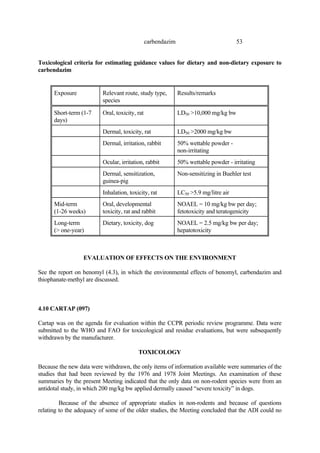 53
carbendazim
Toxicological criteria for estimating guidance values for dietary and non-dietary exposure to
carbendazim
Exposure Relevant route, study type,
species
Results/remarks
Short-term (1-7
days)
Oral, toxicity, rat LD50 >10,000 mg/kg bw
Dermal, toxicity, rat LD50 >2000 mg/kg bw
Dermal, irritation, rabbit 50% wettable powder -
non-irritating
Ocular, irritation, rabbit 50% wettable powder - irritating
Dermal, sensitization,
guinea-pig
Non-sensitizing in Buehler test
Inhalation, toxicity, rat LC50 >5.9 mg/litre air
Mid-term
(1-26 weeks)
Oral, developmental
toxicity, rat and rabbit
NOAEL = 10 mg/kg bw per day;
fetotoxicity and teratogenicity
Long-term
(> one-year)
Dietary, toxicity, dog NOAEL = 2.5 mg/kg bw per day;
hepatotoxicity
EVALUATION OF EFFECTS ON THE ENVIRONMENT
See the report on benomyl (4.3), in which the environmental effects of benomyl, carbendazim and
thiophanate-methyl are discussed.
4.10 CARTAP (097)
Cartap was on the agenda for evaluation within the CCPR periodic review programme. Data were
submitted to the WHO and FAO for toxicological and residue evaluations, but were subsequently
withdrawn by the manufacturer.
TOXICOLOGY
Because the new data were withdrawn, the only items of information available were summaries of the
studies that had been reviewed by the 1976 and 1978 Joint Meetings. An examination of these
summaries by the present Meeting indicated that the only data on non-rodent species were from an
antidotal study, in which 200 mg/kg bw applied dermally caused “severe toxicity” in dogs.
Because of the absence of appropriate studies in non-rodents and because of questions
relating to the adequacy of some of the older studies, the Meeting concluded that the ADI could no
 