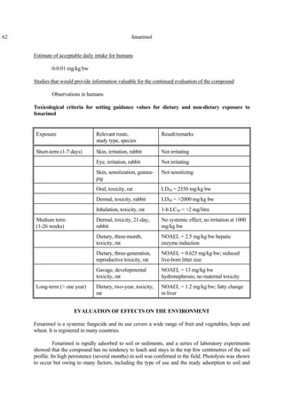 62 fenarimol
Estimate of acceptable daily intake for humans
0-0.01 mg/kg bw
Studies that would provide information valuable for the continued evaluation of the compound
Observations in humans
Toxicological criteria for setting guidance values for dietary and non-dietary exposure to
fenarimol
Exposure Relevant route,
study type, species
Result/remarks
Short-term (1-7 days) Skin, irritation, rabbit Not irritating
Eye, irritation, rabbit Not irritating
Skin, sensitization, guinea-
pig
Not sensitizing
Oral, toxicity, rat LD50 = 2550 mg/kg bw
Dermal, toxicity, rabbit LD50 = >2000 mg/kg bw
Inhalation, toxicity, rat 1-h LC50 = >2 mg/litre
Medium term
(1-26 weeks)
Dermal, toxicity, 21-day,
rabbit
No systemic effect; no irritation at 1000
mg/kg bw
Dietary, three-month,
toxicity, rat
NOAEL = 2.5 mg/kg bw hepatic
enzyme induction
Dietary, three-generation,
reproductive toxicity, rat
NOAEL = 0.625 mg/kg bw; reduced
live-born litter size
Gavage, developmental
toxicity, rat
NOAEL = 13 mg/kg bw
hydronephrosis; no maternal toxicity
Long-term (> one year) Dietary, two-year, toxicity,
rat
NOAEL = 1.2 mg/kg bw; fatty change
in liver
EVALUATION OF EFFECTS ON THE ENVIRONMENT
Fenarimol is a systemic fungicide and its use covers a wide range of fruit and vegetables, hops and
wheat. It is registered in many countries.
Fenarimol is rapidly adsorbed to soil or sediments, and a series of laboratory experiments
showed that the compound has no tendency to leach and stays in the top few centimetres of the soil
profile. Its high persistence (several months) in soil was confirmed in the field. Photolysis was shown
to occur but owing to many factors, including the type of use and the ready adsorption to soil and
 