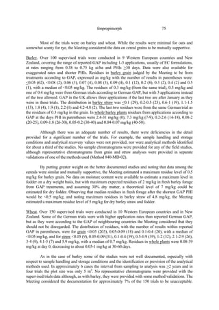 75
fenpropimorph
Most of the trials were on barley and wheat. While the results were minimal for oats and
somewhat scanty for rye, the Meeting considered the data on cereal grains to be mutually supportive.
Barley. Over 100 supervised trials were conducted in 9 Western European countries and New
Zealand, covering the range of reported GAP including 1-3 applications, usually of EC formulations,
at rates ranging from 0.38 to 0.75 kg ai/ha and PHIs >30 days. Data were also available for
exaggerated rates and shorter PHIs. Residues in barley grain judged by the Meeting to be from
treatments according to GAP, expressed as mg/kg with the number of results in parentheses were:
<0.05 (62), <0.08 (2), 0.06 (3), 0.07 (4), 0.08 (3), 0.09 (4), 0.1 (12), 0.2 (8), 0.3 (2), 0.4 (2) and 0.5
(1), with a median of <0.05 mg/kg. The residues of 0.3 mg/kg (from the same trial), 0.5 mg/kg and
one of 0.4 mg/kg were from German trials according to German GAP, but with 3 applications instead
of the two allowed. GAP in the UK allows three applications if the last two are after January as they
were in these trials. The distribution in barley straw was <0.1 (29), 0.2-0.5 (23), 0.6-1 (19), 1.1-1.5
(13), 1.8 (4), 1.9 (1), 2.2 (1) and 4.2-4.8 (2). The last two residues were from the same German trial as
the residues of 0.3 mg/kg in the grain. In whole barley plants residues from applications according to
GAP at the days PHI in parentheses were 2.4-31 mg/kg (0), 7.3 mg/kg (7-9), 0.2-2.6 (14-18), 0.08-2
(20-25), 0.09-1.8 (26-30), 0.05-0.2 (30-40) and 0.04-0.07 mg/kg (40-50).
Although there was an adequate number of results, there were deficiencies in the detail
provided for a significant number of the trials. For example, the sample handling and storage
conditions and analytical recovery values were not provided, nor were analytical methods identified
for about a third of the studies. No sample chromatograms were provided for any of the field studies,
although representative chromatograms from grain and straw analyses were provided in separate
validations of one of the methods used (Method 840-MD-02).
By putting greater weight on the better documented studies and noting that data among the
cereals were similar and mutually supportive, the Meeting estimated a maximum residue level of 0.5
mg/kg for barley grain. No data on moisture content were available to estimate a maximum level in
fodder on a dry weight basis, but with maximum expected residues of 2 mg/kg in fresh barley forage
from GAP treatments, and assuming 30% dry matter, a theoretical level of 7 mg/kg could be
estimated for dry fodder. Observing that median residues in fresh forage after the shortest GAP PHI
would be <0.5 mg/kg, and noting maximum residues in barley straw of 4.8 mg/kg, the Meeting
estimated a maximum residue level of 5 mg/kg for dry barley straw and fodder.
Wheat. Over 150 supervised trials were conducted in 10 Western European countries and in New
Zealand. Some of the German trials were with higher application rates than reported German GAP,
but as they were according to the GAP of neighbouring countries the Meeting considered that they
should not be disregarded. The distribution of residues, with the number of results within reported
GAP in parentheses, were for grain <0.05 (203), 0.05-0.09 (18) and 0.1-0.4 (20), with a median of
<0.05 mg/kg, and for straw <0.05 (9), 0.05-0.09 (31), 0.1-0.4 (59), 0.5-0.9 (39), 1-2 (32), 2.1-2.9 (26),
3-4 (9), 4.1-5 (7) and 5.9 mg/kg, with a median of 0.7 mg/kg. Residues in whole plants were 0.08-39
mg/kg at day 0, decreasing to about 0.05-1 mg/kg at 30-60 days.
As in the case of barley some of the studies were not well documented, especially with
respect to sample handling and storage conditions and the identification or provision of the analytical
methods used. In approximately 6 cases the interval from sampling to analysis was >2 years and in
four trials the plot size was only 5 m2
. No representative chromatograms were provided with the
supervised trials data although, as with barley, they were provided with some method validations. The
Meeting considered the documentation for approximately 7% of the 150 trials to be unacceptable.
 