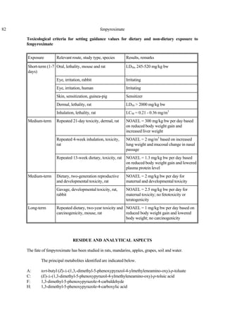 82 fenpyroximate
Toxicological criteria for setting guidance values for dietary and non-dietary exposure to
fenpyroximate
Exposure Relevant route, study type, species Results, remarks
Short-term (1-7
days)
Oral, lethality, mouse and rat LD50, 245-520 mg/kg bw
Eye, irritation, rabbit Irritating
Eye, irritation, human Irritating
Skin, sensitization, guinea-pig Sensitizer
Dermal, lethality, rat LD50 > 2000 mg/kg bw
Inhalation, lethality, rat LC50 = 0.21 - 0.36 mg/m3
Medium-term Repeated 21-day toxicity, dermal, rat NOAEL = 300 mg/kg bw per day based
on reduced body weight gain and
increased liver weight
Repeated 4-week inhalation, toxicity,
rat
NOAEL = 2 mg/m3
based on increased
lung weight and mucosal change in nasal
passage
Repeated 13-week dietary, toxicity, rat NOAEL = 1.3 mg/kg bw per day based
on reduced body weight gain and lowered
plasma protein level
Medium-term Dietary, two-generation reproductive
and developmental toxicity, rat
NOAEL = 2 mg/kg bw per day for
maternal and developmental toxicity
Gavage, developmental toxicity, rat,
rabbit
NOAEL = 2.5 mg/kg bw per day for
maternal toxicity; no fetotoxicity or
teratogenicity
Long-term Repeated dietary, two-year toxicity and
carcinogenicity, mouse, rat
NOAEL = 1 mg/kg bw per day based on
reduced body weight gain and lowered
body weight; no carcinogenicity
RESIDUE AND ANALYTICAL ASPECTS
The fate of fenpyroximate has been studied in rats, mandarins, apples, grapes, soil and water.
The principal metabolites identified are indicated below.
A: tert-butyl (Z)-á-(1,3,-dimethyl-5-phenoxypyrazol-4-ylmethyleneamino-oxy)-p-toluate
C: (E)-á-(1,3-dimethyl-5-phenoxypyrazol-4-ylmethyleneamino-oxy)-p-toluic acid
F: 1,3-dimethyl-5-phenoxypyrazole-4-carbaldehyde
H: 1,3-dimethyl-5-phenoxypyrazole-4-carboxylic acid
 
