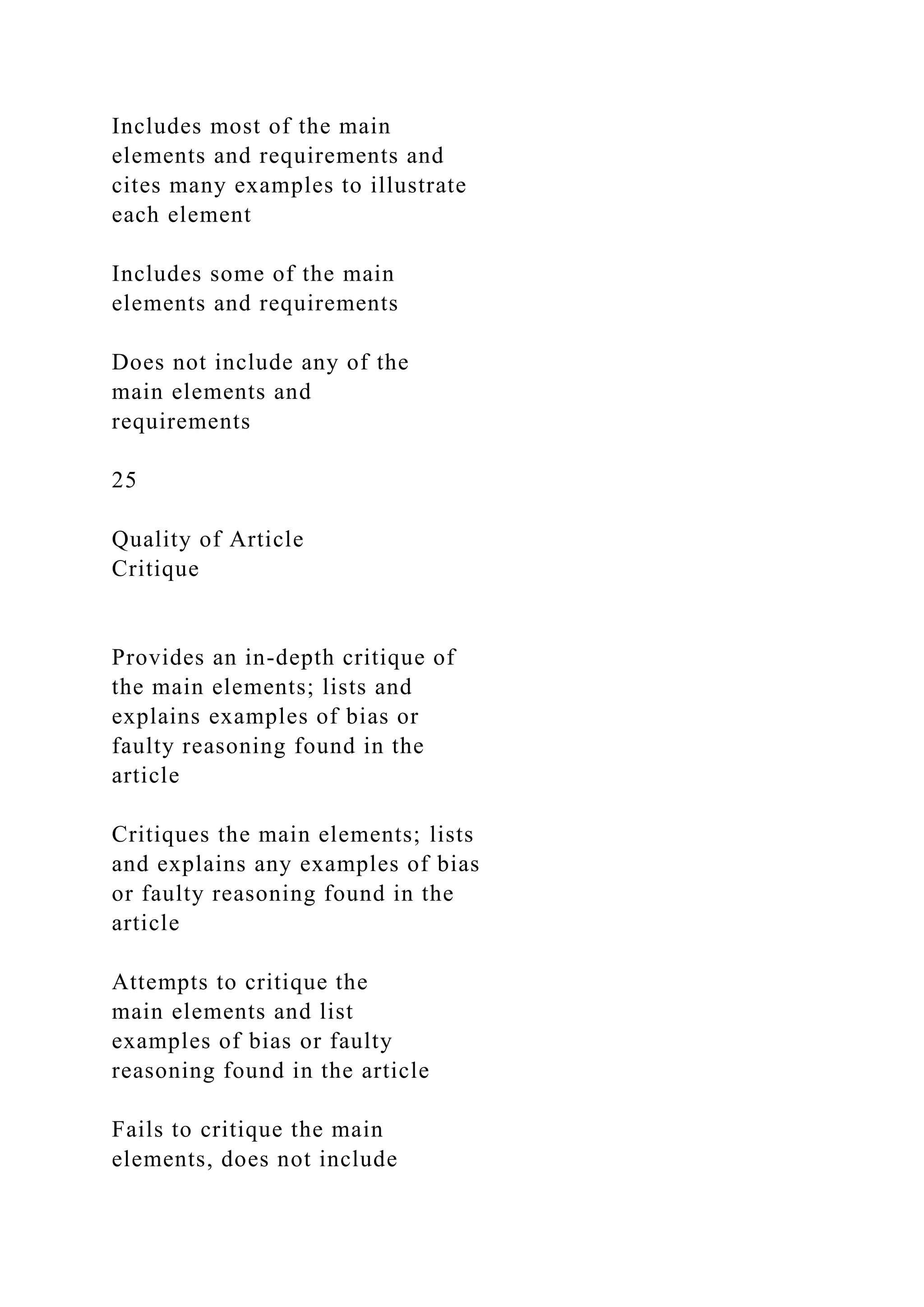Includes most of the main
elements and requirements and
cites many examples to illustrate
each element
Includes some of the main
elements and requirements
Does not include any of the
main elements and
requirements
25
Quality of Article
Critique
Provides an in-depth critique of
the main elements; lists and
explains examples of bias or
faulty reasoning found in the
article
Critiques the main elements; lists
and explains any examples of bias
or faulty reasoning found in the
article
Attempts to critique the
main elements and list
examples of bias or faulty
reasoning found in the article
Fails to critique the main
elements, does not include
 