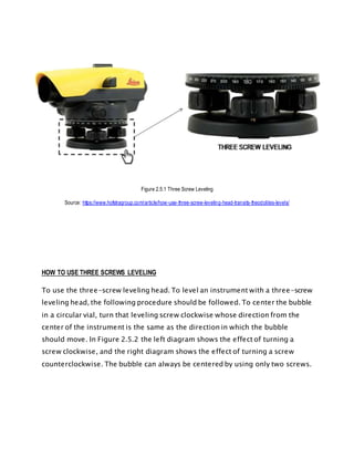 Figure 2.5.1 Three Screw Leveling
Source: https://www.hofstragroup.com/article/how-use-three-screw-leveling-head-transits-theodolites-levels/
HOW TO USE THREE SCREWS LEVELING
To use the three-screw leveling head. To level an instrument with a three-screw
leveling head, the following procedure should be followed. To center the bubble
in a circular vial, turn that leveling screw clockwise whose direction from the
center of the instrument is the same as the direction in which the bubble
should move. In Figure 2.5.2 the left diagram shows the effect of turning a
screw clockwise, and the right diagram shows the effect of turning a screw
counterclockwise. The bubble can always be centered by using only two screws.
 