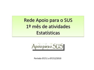Rede Apoio para o SUS 1º mês de atividades Estatísticas Período 07/11 a 07/12/2010 
