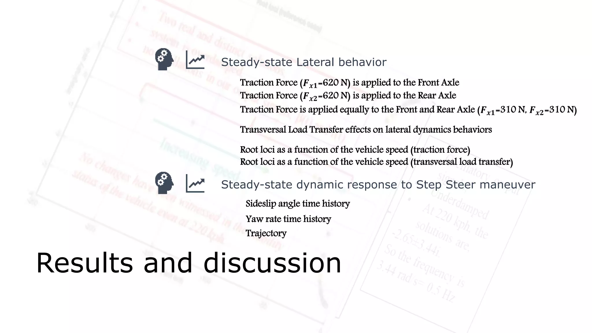 Results and discussion
Traction Force (𝑭 𝒙𝟏=620 N) is applied to the Front Axle
Traction Force (𝑭 𝒙𝟐=620 N) is applied to the Rear Axle
Traction Force is applied equally to the Front and Rear Axle (𝑭 𝒙𝟏=310 N, 𝑭 𝒙𝟐=310 N)
Transversal Load Transfer effects on lateral dynamics behaviors
Root loci as a function of the vehicle speed (traction force)
Root loci as a function of the vehicle speed (transversal load transfer)
Steady-state dynamic response to Step Steer maneuver
Steady-state Lateral behavior
Sideslip angle time history
Yaw rate time history
Trajectory
 