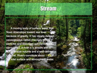 30
Stream
A moving body of surface water that
flows downslope toward sea level
because of gravity. It has clearly-defined
passageways called channels where
particles and dissolved substances are
transported. A river is a stream with a
considerable volume and a well-defined
channel. Rivers constitute about 1.6% if
the total surface and atmospheric water.
 
