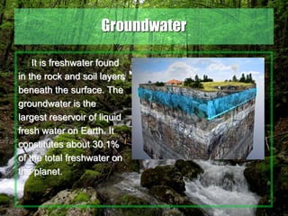 35
Groundwater
It is freshwater found
in the rock and soil layers
beneath the surface. The
groundwater is the
largest reservoir of liquid
fresh water on Earth. It
constitutes about 30.1%
of the total freshwater on
the planet.
 