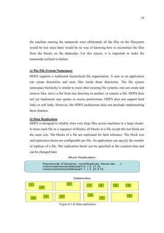 13
the machine running the namenode were obliterated, all the files on the filesystem
would be lost since there would be no way of knowing how to reconstruct the files
from the blocks on the datanodes. For this reason, it is important to make the
namenode resilient to failure.
c) The File System Namespace
HDFS supports a traditional hierarchical file organization. A user or an application
can create directories and store files inside these directories. The file system
namespace hierarchy is similar to most other existing file systems; one can create and
remove files, move a file from one directory to another, or rename a file. HDFS does
not yet implement user quotas or access permissions. HDFS does not support hard
links or soft links. However, the HDFS architecture does not preclude implementing
these features.
d) Data Replication
HDFS is designed to reliably store very large files across machines in a large cluster.
It stores each file as a sequence of blocks; all blocks in a file except the last block are
the same size. The blocks of a file are replicated for fault tolerance. The block size
and replication factor are configurable per file. An application can specify the number
of replicas of a file. The replication factor can be specified at file creation time and
can be changed later.
Figure:8.1.d) Data replication
 