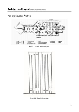 Architectural	
  Layout	
  (NURINA	
  AIDA	
  BT	
  GHIZAN	
  0320035)	
  
Plan	
  and	
  ElevaVon	
  Analysis	
  
10
Figure	
  2.0:	
  First	
  ﬂoor	
  ﬂoor	
  plan.	
  
Figure	
  2.1:	
  Sketched	
  elevaVon.	
  
 