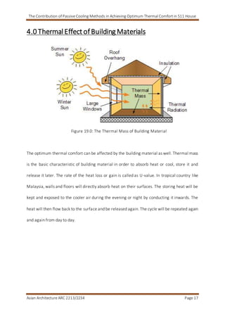 The Contribution of Passive Cooling Methods in Achieving Optimum Thermal Comfort in S11 House
Asian Architecture ARC 2213/2234 Page 17
4.0 ThermalEffect ofBuilding Materials
Figure 19.0: The Thermal Mass of Building Material
The optimum thermal comfort can be affected by the building material as well. Thermal mass
is the basic characteristic of building material in order to absorb heat or cool, store it and
release it later. The rate of the heat loss or gain is called as U-value. In tropical country like
Malaysia, walls and floors will directly absorb heat on their surfaces. The storing heat will be
kept and exposed to the cooler air during the evening or night by conducting it inwards. The
heat will then flow back to the surface and be released again. The cycle will be repeated again
and again from day to day.
 
