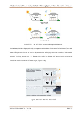 The Contribution of Passive Cooling Methods in Achieving Optimum Thermal Comfort in S11 House
Asian Architecture ARC 2213/2234 Page 18
Figure 20.0: The process of heat absorbing and releasing
In order to provide a largelyself-regulating environmentandstabilizethe internal temperature,
the building material must be able to respond to the changing condition naturally. The thermal
effect of building material in S11 House which help to absorb and release heat will directly
affect the thermal comfort of the buildjng significantly.
Figure 21.0: How Thermal Mass Work
 