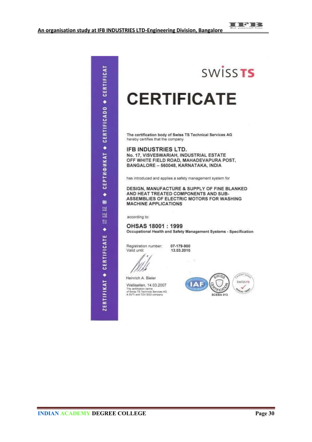 An organisation study At IFB INDUSTRIES LTDengineering division, Bangalore