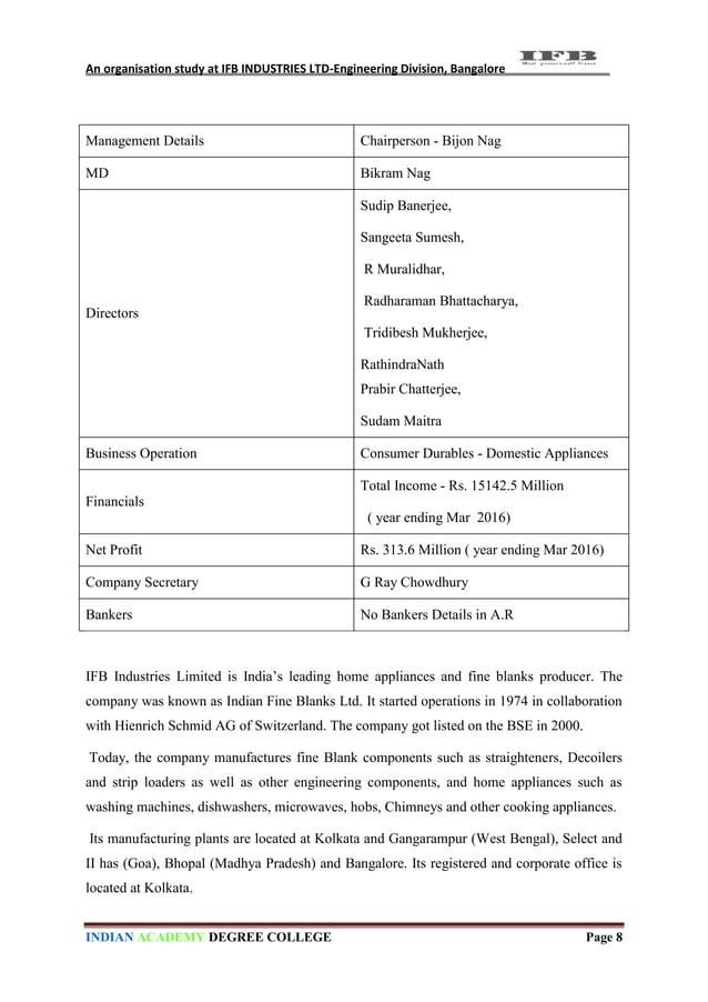 An organisation study At IFB INDUSTRIES LTDengineering division, Bangalore