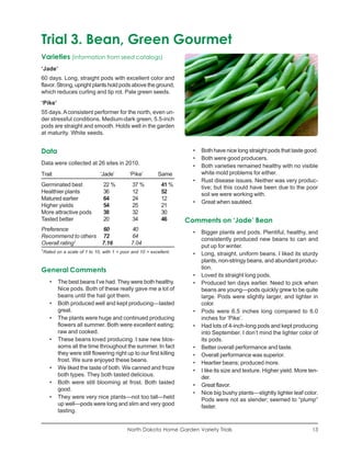 Trial 3. Bean, Green Gourmet
Varieties (information from seed catalogs)
‘Jade’
60 days. Long, straight pods with excellent color and
flavor. Strong, upright plants hold pods above the ground,
which reduces curling and tip rot. Pale green seeds.
‘Pike’
55 days. A consistent performer for the north, even un-
der stressful conditions. Medium-dark green, 5.5-inch
pods are straight and smooth. Holds well in the garden
at maturity. White seeds.


Data                                                                   •   Both have nice long straight pods that taste good.
                                                                       •   Both were good producers.
Data were collected at 26 sites in 2010.                               •   Both varieties remained healthy with no visible
Trait                          ‘Jade’         ‘Pike’        Same           white mold problems for either.
                                                                       •   Rust disease issues. Neither was very produc-
Germinated best                  22 %          37 %          41 %          tive; but this could have been due to the poor
Healthier plants                 36            12            52            soil we were working with.
Matured earlier                  64            24            12
                                                                       •   Great when sautéed.
Higher yields                    54            25            21
More attractive pods             38            32            30
Tasted better                    20            34            46      Comments on ‘Jade’ Bean
Preference          60                        40
                                                                       •   Bigger plants and pods. Plentiful, healthy, and
Recommend to others 72                        64
                                                                           consistently produced new beans to can and
Overall rating1     7.16                      7.04
                                                                           put up for winter.
1
    Rated on a scale of 1 to 10, with 1 = poor and 10 = excellent.     •   Long, straight, uniform beans. I liked its sturdy
                                                                           plants, non-stringy beans, and abundant produc-
                                                                           tion.
General Comments
                                                                       •   Loved its straight long pods.
       •   The best beans I’ve had. They were both healthy.            •   Produced ten days earlier. Need to pick when
           Nice pods. Both of these really gave me a lot of                beans are young—pods quickly grew to be quite
           beans until the hail got them.                                  large. Pods were slightly larger, and lighter in
       •   Both produced well and kept producing—tasted                    color.
           great.                                                      •   Pods were 6.5 inches long compared to 6.0
       •   The plants were huge and continued producing                    inches for ‘Pike’.
           flowers all summer. Both were excellent eating;             •   Had lots of 4-inch-long pods and kept producing
           raw and cooked.                                                 into September. I don’t mind the lighter color of
       •   These beans loved producing. I saw new blos-                    its pods.
           soms all the time throughout the summer. In fact            •   Better overall performance and taste.
           they were still flowering right up to our first killing     •   Overall performance was superior.
           frost. We sure enjoyed these beans.                         •   Heartier beans; produced more.
       •   We liked the taste of both. We canned and froze             •   I like its size and texture. Higher yield. More ten-
           both types. They both tasted delicious.                         der.
       •   Both were still blooming at frost. Both tasted              •   Great flavor.
           good.
                                                                       •   Nice big bushy plants—slightly lighter leaf color.
       •   They were very nice plants—not too tall—held                    Pods were not as slender; seemed to “plump”
           up well—pods were long and slim and very good                   faster.
           tasting.


                                             North Dakota Home Garden Variety Trials                                        13
 