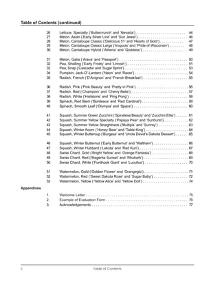 Table of Contents (continued)

             26   Lettuce, Specialty (‘Buttercrunch’ and ‘Nevada’) . . . . . . . . . . . . . . . . . . . . . . . .             44
             27   Melon, Asian (‘Early Silver Line’ and ’Sun Jewel’) . . . . . . . . . . . . . . . . . . . . . . . .           46
             28   Melon, Cantaloupe Classic (‘Delicious 51’ and ’Hearts of Gold’) . . . . . . . . . . . .                      47
             29   Melon, Cantaloupe Classic Large (‘Iroquois’ and ’Pride of Wisconsin’) . . . . . . . .                        48
             30   Melon, Cantaloupe Hybrid (‘Athena’ and ’Goddess’) . . . . . . . . . . . . . . . . . . . . . .                49

             31   Melon, Galia (‘Arava’ and ’Passport’) . . . . . . . . . . . . . . . . . . . . . . . . . . . . . . . . .      50
             32   Pea, Shelling (‘Early Frosty’ and ‘Lincoln’) . . . . . . . . . . . . . . . . . . . . . . . . . . . . .       51
             33   Pea, Snap (‘Cascadia’ and ‘Sugar Sprint’) . . . . . . . . . . . . . . . . . . . . . . . . . . . . .          53
             34   Pumpkin, Jack-O’-Lantern (‘Neon’ and ‘Racer’) . . . . . . . . . . . . . . . . . . . . . . . . . .            54
             35   Radish, French (‘D’Avignon’ and ‘French Breakfast’) . . . . . . . . . . . . . . . . . . . . . .              55

             36   Radish, Pink (‘Pink Beauty’ and ‘Pretty in Pink’) . . . . . . . . . . . . . . . . . . . . . . . . . 56
             37   Radish, Red (‘Champion’ and ‘Cherry Belle’) . . . . . . . . . . . . . . . . . . . . . . . . . . . . 57
             38   Radish, White (‘Hailstone’ and ‘Ping Pong’) . . . . . . . . . . . . . . . . . . . . . . . . . . . . 58
             39   Spinach, Red Stem (‘Bordeaux’ and ‘Red Cardinal’) . . . . . . . . . . . . . . . . . . . . . . . 59
             40   Spinach, Smooth Leaf (‘Olympia’ and ‘Space’) . . . . . . . . . . . . . . . . . . . . . . . . . . 60

             41   Squash, Summer Green Zucchini (‘Spineless Beauty’ and ‘Zucchini Elite’) . . . . . . 61
             42   Squash, Summer Yellow Specialty (‘Papaya Pear’ and ‘Sunburst’) . . . . . . . . . . . . 62
             43   Squash, Summer Yellow Straightneck (‘Multipik’ and ‘Sunray’) . . . . . . . . . . . . . . . 63
             44   Squash, Winter Acorn (‘Honey Bear’ and ‘Table King’) . . . . . . . . . . . . . . . . . . . . . 64
             45   Squash, Winter Buttercup (‘Burgess’ and ‘Uncle David’s Dakota Dessert’) . . . . . . .65

             46   Squash, Winter Butternut (‘Early Butternut’ and ‘Waltham’) . . . . . . . . . . . . . . . . . 66
             47   Squash, Winter Hubbard (‘Lakota’ and ‘Red Kuri’) . . . . . . . . . . . . . . . . . . . . . . . . 67
             48   Swiss Chard, Gold (‘Bright Yellow’ and ‘Orange Fantasia’) . . . . . . . . . . . . . . . . . . 68
             49   Swiss Chard, Red (‘Magenta Sunset’ and ‘Rhubarb’) . . . . . . . . . . . . . . . . . . . . . . 69
             50   Swiss Chard, White (‘Fordhook Giant’ and ‘Lucullus’) . . . . . . . . . . . . . . . . . . . . . 70

             51   Watermelon, Gold (‘Golden Flower’ and ‘Orangeglo’) . . . . . . . . . . . . . . . . . . . . . . 71
             52   Watermelon, Red (‘Sweet Dakota Rose’ and ‘Sugar Baby’) . . . . . . . . . . . . . . . . . 72
             53   Watermelon, Yellow (‘Yellow Alice’ and ‘Yellow Doll’) . . . . . . . . . . . . . . . . . . . . . . 74
Appendixes
             1.   Welcome Letter . . . . . . . . . . . . . . . . . . . . . . . . . . . . . . . . . . . . . . . . . . . . . . . . 75
             2.   Example of Evaluation Form . . . . . . . . . . . . . . . . . . . . . . . . . . . . . . . . . . . . . . . 76
             3.   Acknowledgements . . . . . . . . . . . . . . . . . . . . . . . . . . . . . . . . . . . . . . . . . . . . . 77




ii                                            Table of Contents
 