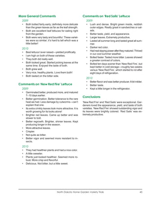 More General Comments                                        Comments on ‘Red Sails’ Lettuce
  2009                                                          2009
  •   Both bolted fairly early; definitely more delicate        •   Lush and dense. Bright green inside, reddish
      than the green leaves as far as the leaf strength.            outer edges. Really great in sandwiches or sal-
  •   Both are excellent leaf lettuces for eating right             ads.
      from the garden.                                          •   Better taste, yield, and appearance.
  •   Both were very tasty and bountiful. These variet-         •   Larger leaves. Extremely productive.
      ies were so similar; it’s hard to tell which was a        •   Lasted all summer long and tasted great all sum-
      little better!                                                mer.
                                                                •   Darker red color.
  2010
                                                                •   Had real staying power after they matured. Thrived
  •   Best lettuce I ever raised—yielded prolifically.
                                                                    in our cool summer weather.
  •   I am high on both of these varieties.
                                                                •   Bolted faster. Tasted more bitter. Leaves showed
  •   They both did really well.
                                                                    a greater contrast of colors.
  •   Both looked great. Started picking leaves at the
                                                                •   Bolted ten days sooner than ‘New Red Fire’, but
      same time. Enjoyed the taste of both.
                                                                    kept better in cold storage—roughly two weeks
  •   Both grew well.                                               versus ‘New Red Fire’, which started to rot after
  •   Very nice, healthy plants. Love them both!                    eight days of refrigeration.
  •   Both tasted on the bitter side.
                                                                2010
                                                                •   Better flavor and was better producer. A bit milder.
Comments on ‘New Red Fire’ Lettuce                              •   Better taste.
  2009                                                          •   Kept a little longer in the refrigerator.
  •   Germinated better, produced more, and matured
      7–10 days earlier.
                                                             Conclusions
  •   Better germination. Better tolerance to the rare
      heat we had. Less damage by cutworms—can’t             ‘New Red Fire’ and ‘Red Sails’ were exceptional. Gar-
      explain that one.                                      deners loved the appearance, yield, and taste of both
  •   Its extra crinkly leaves look more attractive. It is   varieties. ‘New Red Fire’ showed outstanding vigor and
      worth growing for its looks alone!                     its leaves were brightly colored. ‘Red Sails’ was ex-
  •   Brighter red leaves. Came up better and was            tremely productive.
      slower to bolt.
  •   Better regrowth. Brighter, shinier leaves. Kept
      producing longer in the season.
  •   More attractive leaves.
  •   Crispier.
  •   Not quite as bitter.
  •   Better vigor and seemed more resistant to in-
      sects.

  2010
  •   They had healthier plants and had a nice color.
  •   A little sweeter.
  •   Plants just looked healthier. Seemed more ro-
      bust. More crisp and flavorful.
  •   Delicious. Not bitter, but a little sweet.




                                     North Dakota Home Garden Variety Trials                                         43
 