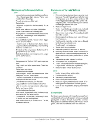 Comments on ‘Buttercrunch’ Lettuce                            Comments on ‘Nevada’ Lettuce
  2009                                                           2009
  •   Leaves had more texture and a little more flavor.          •   Extremely hardy plants and were great at heat
      I liked its compact tight leaves. Plants were                  tolerance. ‘Nevada’ held up longer after harvest.
      healthier from the get go.                                     It refrigerated up to three weeks and was still
  •   A much darker green, fuller leaf.                              fresh and good. Lasted longer in the garden with-
  •   Tasted bitter.                                                 out getting bitter. Friends and family want to know
  •   Lasted the longest with our last picking on La-                where to get seed for next year.
      bor Day.                                                   •   Produced larger heads.
  •   Better taste, texture, and color. Kept longer.             •   Tasted much better, produced more, matured
  •   Bolted too soon and had poor regrowth.                         earlier, and looked better. Large, nice heads.
  •   A spicy flavor—our taste test selected this one.           •   Stayed nicer much longer. Produced quite a bit
      Firmer leaf. Lasted longer in the refrigerator.                late in the season.
  •   Much better flavor.                                        •   Better regrowth and you could enjoy it longer
                                                                     into the season.
  •   Produced higher yields. Tasted better. Bigger
      leaves for sandwiches.                                     •   Took longer to make the central leaves. Stayed
                                                                     tender longer; produced more.
  •   I liked the taste of ‘Buttercrunch’. It also stayed
      very crisp when washed and put into the refrig-            •   Very fine leaf—not too dense.
      erator for next day use.                                   •   Tender, tasty, long producing.
  •   The taste of the early season ‘Buttercrunch’ is            •   I liked the lighter color and taste of ‘Nevada’.
      great! I’ll look for it in stores.                         •   Definitely healthier. Grew faster. Yielded much
  •   Better taste, texture, and more productive. Larger             better. Looked fuller and fewer leaf blemishes. A
      plants. Darker leaves.                                         nicer crunch and appealing taste. I like its lighter
                                                                     color.
  2010                                                           •   We were able to eat ‘Nevada’ until frost.
  •   It was awesome! We love it! We want more next              •   An excellent mild, buttery flavor.
      year!                                                      •   Tasted better and definitely had a higher yield.
  •   Nicer heads and better appearance. Fewer bug                   Larger leaves. Matured two days earlier.
      problems.                                                  •   Bolted ten days before ‘Buttercrunch’.
  •   Better flavor and crisper.
  •   Liked its taste and looks.                                 2010
  •   More compact heads with more lettuce. Nice                 •   Lasted longer without getting bitter.
      dark green in color. Tasted better.                        •   It looks more like lettuce.
  •   I liked the loose heads of ‘Buttercrunch’ and fa-          •   We thought it had better flavor.
      vored its taste and leaf shape.                            •   Great tasting and lasted longer.
  •   Grew thicker and outproduced ‘Nevada’.                     •   Produced higher yield and slower to bolt. Its fla-
  •   Very good taste. Germinated a week earlier.                    vor stayed mild even as the summer got hot.
  •   Little bit sweeter and kept better in refrigerator.        •   Liked its leaf shape better. Slightly preferred its
  •   Earlier and higher yields.                                     taste.
  •   I prefer its taste and texture.
  •   More plants; bigger plants; didn’t bolt as quickly.     Conclusions
      More attractive and better tasting.
  •   Unbelievable. It looked like a store-bought head        Gardeners were pleased with the performance of both
      of lettuce and was very delicious.                      varieties. Both of these bolt-resistant varieties produced
  •   Took several frosts to kill ‘Buttercrunch’. The first   good yields of lettuce through much of the summer.
      frost killed ‘Nevada’.                                  Most gardeners preferred ‘Buttercrunch’. It had a darker
                                                              green, fuller leaf and its heads were very attractive.




                                     North Dakota Home Garden Variety Trials                                          45
 