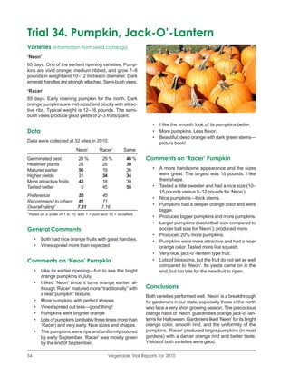 Trial 34. Pumpkin, Jack-O’-Lantern
Varieties (information from seed catalogs)
‘Neon’
65 days. One of the earliest ripening varieties. Pump-
kins are vivid orange, medium ribbed, and grow 7–8
pounds in weight and 10–12 inches in diameter. Dark
emerald handles are strongly attached. Semi-bush vines.
‘Racer’
85 days. Early ripening pumpkin for the north. Dark
orange pumpkins are mid-sized and blocky with attrac-
tive ribs. Typical weight is 12–16 pounds. The semi-
bush vines produce good yields of 2–3 fruits/plant.
                                                                        •   I like the smooth look of its pumpkins better.
Data                                                                    •   More pumpkins. Less flavor.
                                                                        •   Beautiful, deep orange with dark green stems—
Data were collected at 32 sites in 2010.                                    picture book!
                               ‘Neon’        ‘Racer’        Same
Germinated best                  28 %          29 %          48 %    Comments on ‘Racer’ Pumpkin
Healthier plants                 29            28            39
Matured earlier                  56            19            26         •   A more handsome appearance and the sizes
Higher yields                    31            34            34             were great. The largest was 18 pounds. I like
More attractive fruits           43            18            39             their shape.
Tasted better                     0            45            55         •   Tasted a little sweeter and had a nice size (10–
                                                                            15 pounds versus 5–10 pounds for ‘Neon’).
Preference          55                        45
                                                                        •   Nice pumpkins—thick stems.
Recommend to others 81                        71
                                                                        •   Pumpkins had a deeper orange color and were
Overall rating1     7.31                      7.16
1
                                                                            bigger.
    Rated on a scale of 1 to 10, with 1 = poor and 10 = excellent.
                                                                        •   Produced bigger pumpkins and more pumpkins.
                                                                        •   Larger pumpkins (basketball size compared to
General Comments                                                            soccer ball size for ‘Neon’); produced more.
                                                                        •   Produced 20% more pumpkins.
       •   Both had nice orange fruits with great handles.              •   Pumpkins were more attractive and had a nicer
       •   Vines sprawl more than expected.                                 orange color. Tasted more like squash.
                                                                        •   Very nice, jack-o’-lantern type fruit.
Comments on ‘Neon’ Pumpkin                                              •   Lots of blossoms, but the fruit do not set as well
                                                                            compared to ‘Neon’. Its yields came on in the
       •   Like its earlier ripening—fun to see the bright                  end, but too late for the new fruit to ripen.
           orange pumpkins in July.
       •   I liked ‘Neon’ since it turns orange earlier, al-
           though ‘Racer’ matured more “traditionally” with          Conclusions
           a real “pumpkin” texture.                                 Both varieties performed well. ‘Neon’ is a breakthrough
       •   More pumpkins with perfect shapes.                        for gardeners in our state, especially those in the north
       •   Vines spread out less—good thing!                         who face a very short growing season. The precocious
       •   Pumpkins were brighter orange.                            orange habit of ‘Neon’ guarantees orange jack-o-’lan-
       •   Lots of pumpkins (probably three times more than          terns for Halloween. Gardeners liked ‘Neon’ for its bright
           ‘Racer) and very early. Nice sizes and shapes.            orange color, smooth rind, and the uniformity of the
       •   The pumpkins were ripe and uniformly colored              pumpkins. ‘Racer’ produced larger pumpkins (in most
           by early September. ‘Racer’ was mostly green              gardens) with a darker orange rind and better taste.
           by the end of September.                                  Yields of both varieties were good.

54                                                Vegetable Trial Reports for 2010
 