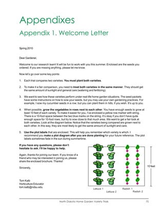 Appendixes
Appendix 1. Welcome Letter

Spring 2010


Dear Gardener,

Welcome to our research team! It will be fun to work with you this summer. Enclosed are the seeds you
ordered. If you are missing anything, please let me know.

Now let’s go over some key points:

1. Each trial compares two varieties. You must plant both varieties.

2. To make it a fair comparison, you need to treat both varieties in the same manner. They should get
   the same amount of sunlight and general care (watering and fertilizing).

3. We want to see how these varieties perform under real-life home garden situations. The seed packets
   have some instructions on how to sow your seeds, but you may use your own gardening practices. For
   example, I sow my cucumber seeds in a row, but you can plant them in hills, if you wish. It’s up to you.

4. When possible, grow the vegetables in rows next to each other. You have enough seeds to grow at
   least 10 feet of each variety. To make it easier for you, I’ve enclosed a yellow row marker with string.
   There is a 10-foot space between the two blue marks on the string. It’s okay if you don’t have quite
   enough space for 10-foot rows, but try to sow close to that much area. We want to get a fair look at
   both varieties. Look at the diagram below. Notice that the varieties being compared are grown next to
   each other. In this way, they are most likely to get the same amount of sunlight and care.

5. Use the plot labels that are enclosed. This will help you remember which variety is which. I
   recommend you make a plot diagram after you are done planting for your future reference. The plot
   labels sometimes fade in the sun during summertime.

If you have any questions, please don’t
hesitate to ask. I’ll be happy to help.

Again, thanks for joining our team. If you know of a
friend who may be interested in joining us, please
share the enclosed brochure. Thanks!
                                                                                                              10 feet
Sincerely,



Tom Kalb
Horticulture Educator
tom.kalb@ndsu.edu
                                                               Lettuce 1                Radish 1
                                                                           Lettuce 2               Radish 2



                                   North Dakota Home Garden Variety Trials                                    75
 