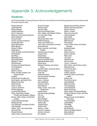 Appendix 3. Acknowledgements
Gardeners
North Dakota State University Extension Service is very thankful to the following gardeners who provided results
from their research plots:

Sharon Aanerud                         Anne R. Evinger                        Mackenzie and Riley Johnson
Judith Adamec                          Shirley Faydo                          Marilyn and Irving Johnson
Marlys Albright                        Sandra Fettig                          Nancy Johnson
Joanne Anderson                        Donna and Paige Fisher                 Marie L. Kaiser
Ken D. Anderson                        Alice, Nathan and Mariah Fitterer      Maria and Joe Kalb
Mary Ann and Carissa Anderson          Lon and Isaac Flage                    Jerome Kapaun
Orren Anderson                         Lori Flaten                            Gail Kartes
Nancy Arstein                          Renee and Allen Flom                   Betty Kennedy
Sue B. and Danny Balcom                Nadine Florhaug                        Mike Kiernan
Jennifer Barnhart                      Joyce and Garth Ford                   Steve Klabo
Dwain Barondeau                        Julie, Carly, and Nicole Fornshell     Laurie, Marie, Rose, and Daniel
Marty Becker                           Amanda Frank                               Kraemer
Duane R. Bentz                         Ruby, Jeremiah, and Caleb              Mathew Krogen
Adella Benz                                Franklin                           Sue Krohn
Twila, Danielle, and Hannah Benz       David & Laura Fransen                  Kathy Kroshus
Kristi Berdal                          Jackie Friedt                          Darcy Lackman
Kari Berg                              Angie Gapp                             Mary Lass
Melisa Bernard                         Geraldine Geiger                       Jan Lauer
Donna Bernhardt                        Jason and Aneta Goltz                  Hazelann Lee
Marjean C. Boe                         Marietta & Steve Good                  Amy Lenertz
Ruth Bornsen                           Arlene Gray                            Tracy L. Lesmann
Harriet and Danika Bracken             Michael, Zachary, and Joshua           Ellin, Adam, and Andrew Lindee
Lorna Bradbury                             Grosz                              Barbara Linrud
Leroy Brice                            Jennifer, Ethan, and Evan Grove        Lord of Life Youth
Betty K. Brown                         Dennis Hagen                           Angela Lorentz
Kevin, Everett, Heather, and           Judy Hall                              Lesley Lubenow
    Clayton Brown                      Kaylie Halvorson                       Amanda, Selah, and Kaiyah
Ivy Brye                               Sue and Jordan Hamilton                    Luethy
Krista and Emma Burman                 Sylvia Hansen                          Kathy Lund
Gail, Katelin, and Dale Chinn          Lauri L. Hanson                        Pat & Enid Lynch
Robert Cummings                        Eric Harildstad                        Carol Manifold
Dahly Family                           Clarence Hauck                         Marla and Kids
Karen K. Daly                          Kari Hedman                            Thomas Marple
Joyce A. Dammen                        Kathy, Austin, and Lucas               Cheryl Marshall
Harriet Deplazes                           Hendrickson                        Becky McCleary
Louise & Bob Dignan                    James Henry                            Peter, Ingrid, and Alena Meberg
Terrie, Samantha, Joseph,              Pat Hermanson-Burleigh                 Brandon, Renae, La’tish, and Tara
    Timothy and Roselynn Dignan        HIT, Inc.                                  Mehlhoff
Bonnie, Elliot, Caleb, and Kendra      Pam Hoff                               Mercer County Junior Master
    Dockter                            Alicia Hoffarth                            Gardeners
Virgina Dockter-Burleigh               Sharon Hoffman                         Floramay Miller
Kelsey Dunnell                         Kathy Holte                            Jolene Miller
Lisa, Michael, and Allyson Durkin      Joseph Holzer                          Terri Miller
Joan Dybdahl                           Hope Family                            Janice Mills
Kaitlyn, John, and Jacob Ebel          Arlene L. Isaak                        David Monroe
Gerry Eichele                          Verna M. Jackson                       Diane and Mason Moran
Ronald Erickson                        Anthony Johnson                        Brenda Morelli
Caleb, Noah, and Ava Ericson           Erv Johnson                            Eileen Morris


                                    North Dakota Home Garden Variety Trials                                  77
 
