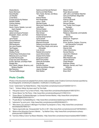 Sheila Morris                        Sabrina and Hannah Richard            Mason Smith
Karen Morrison                       Sacha and Matt Ridley                 Rosie Sprynczynatyk
Dave Mueller                         Terri, Kade, Kendyl, and Beau         Jeff, Lahni, and Nathan Stachler
Jon Mueller                             Rindahl                            Gary and Kathleen Stegmiller
Linda Ness                           Arlene Ritzke                         Carol Steig
Forrest and Emily Nielsen            Ron Rodenbiker                        Patricia Stockdill
NUDAY FARM                           Larry J. Roth                         Vicki R. Stolz
Carolyn Nyberg                       Michael Ruelle                        Denyse Sturges
Cindy Olson                          Rena and Haylee Rustad                Lee, Tucker, and Cooper
Aaron, Carrie, Natalie, Levi and     Judy Ryen                                  Svangstu
    Garin Opdahl                     Richard Sabol                         Mary Swafford
Zona O’Shea                          Bonnie Sanders                        Gilberta Taylor
Jakob and Aiyana Parisien            Alta Schaar                           Rebecca, Alexander, and Isabella
Elizabeth, Owen, and Kari            Robert Schank                              Ternes
    Patterson                        Crystal Schaunaman                    Jessica Thiel
Jane Pesek                           Sylva Schell                          Patricia K. Torgerson
Chuck Peterson                       Chad Schlemmer                        Bonnie Trom
Sheri Peterson                       Maynard Schmidt                       Erica, Andrina, Carlton, Corynna,
PM Gardeners                         Rebecca and Bryan Schmidt                  and Samantha Turnquist
De Laine Poppke                      Nancy,Paul, Kayla, and Jenna          Ashley Ueckert
Ted Poppke                              Schneider                          Dianne Volk
Megan Porter                         Lois Schott                           Lillian Volochenko
Shelley Porter                       Natalie Schumacher                    Kendyl Wacha
Prairie Rose Horticulture Club       Laura Schumacker                      Joyce Ann Waldock
Melanee and Lucy Pulver              Clayton Schumaker                     Julie Wangler
Lynette Rambousek                    Doug Schumaker                        Mike Weihemuller
Fraye and Jean Ranstrom              Mark Schumaker                        James Wheeler
Emilie, Michael, and Myer Rath       Gertrude Schwalbe                     Greta Whelan
Rodger Rau                           Peg Seidel                            Kathleen Wiese
Rick, Maria, Megan, Brianna, and     Dorothy Shertzer                      Melinda, Garrett, and Trent
    Brittany Regner                  Sarah and Allison Skogen                   Williams
Mel Reierson                         Joanne Slanger                        Gina Wilson
Thomas Reiffenberger                 Deb Sletten                           Brian Wolf



Photo Credits
Photos in this document are adapted from photos made available under Creative Commons licenses specified by
the photographer, all allowing for adaptation, modification or building upon:
Cover: “watermelon” by Rafael Moreno, <http://www.flickr.com/photos/moreno415/2830413211/>;
Trial 1: “‘Arikara Yellow’ dry bean seed” by Tom Kalb;
2: “Flat green beans?” by Le foto di Paolo, <http://www.flickr.com/photos/fotodipablo/4169515274/>;
3: “Green Beans” by Tito Perez, <http://www.flickr.com/photos/titoperez/4137891214/>;
4: “Green Beans” by Market Manager, La Grande Farmers Market, <http://www.flickr.com/photos/
     37884983@N03/3816130317/>;
5: “Purple Beans” by NatalieMaynor, <http://www.flickr.com/photos/nataliemaynor/591565154/>;
6: “edamame” by yomi yomi, <http://www.flickr.com/photos/yomi955/836246437/>;
7: “Wax beans Joe Jackson’s Michigan Fruit Stand” by benjamin s Tone, <http://www.flickr.com/photos/
     benchilada/2827994512/>;
8: “Vigna unguiculata ssp. Sesquipedalis” by Eric in SF, <http://www.flickr.com/photos/ericinsf/1087842934/>;
9: “Beets at the Alhambra Farmers’ Market…” by Nathan Gray, <http://www.flickr.com/photos/a-culinary-
     photo-journal/3133566149/>;
10: “Carrots of Many Colors” by Mason Masteka, <http://www.flickr.com/photos/masonmasteka/4804733566/>;


78                                              Appendixes
 