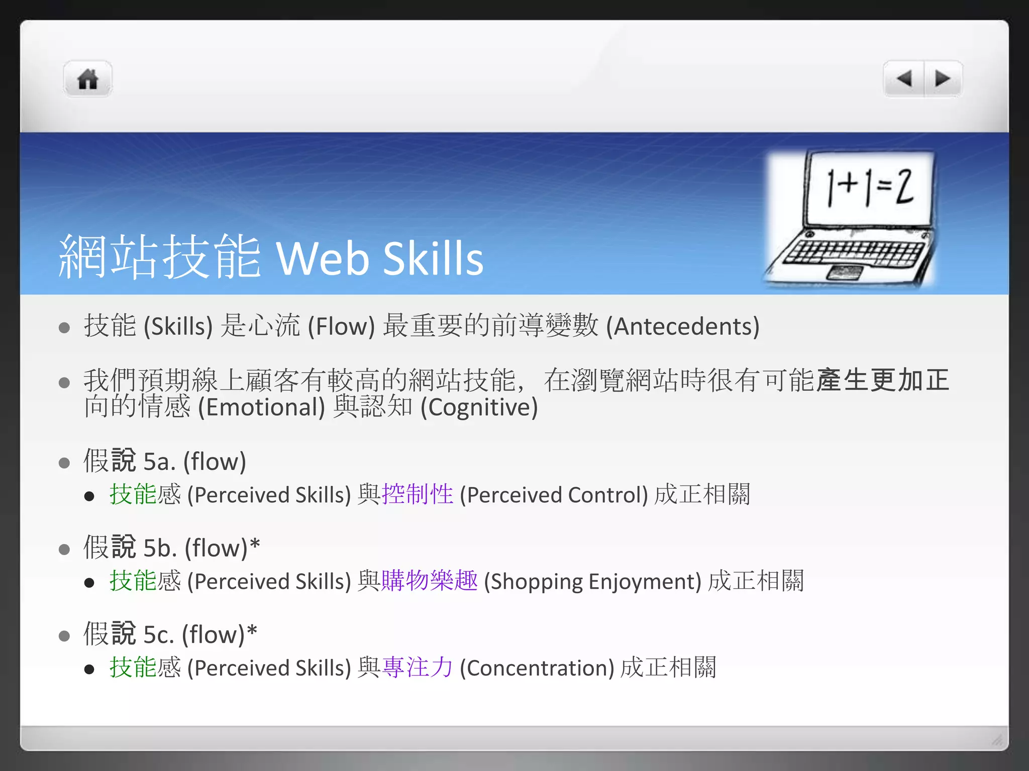 網站技能 Web Skills
   技能 (Skills) 是心流 (Flow) 最重要的前導變數 (Antecedents)

   我們預期線上顧客有較高的網站技能，在瀏覽網站時很有可能產生更加正
    向的情感 (Emotional) 與認知 (Cognitive)

   假說 5a. (flow)
       技能感 (Perceived Skills) 與控制性 (Perceived Control) 成正相關

   假說 5b. (flow)*
       技能感 (Perceived Skills) 與購物樂趣 (Shopping Enjoyment) 成正相關

   假說 5c. (flow)*
       技能感 (Perceived Skills) 與專注力 (Concentration) 成正相關
 