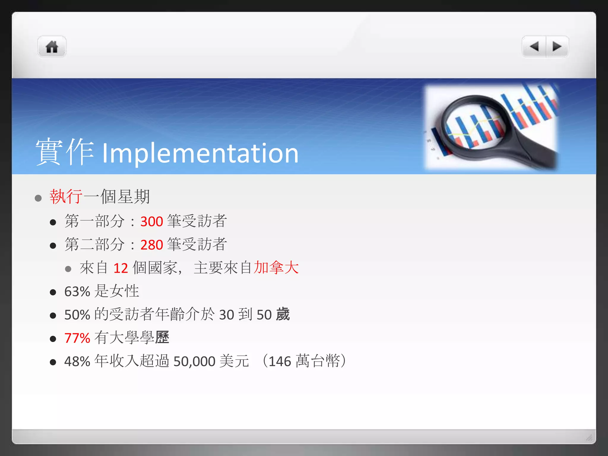 實作 Implementation
   執行一個星期
       第一部分：300 筆受訪者
       第二部分：280 筆受訪者
           來自 12 個國家，主要來自加拿大
       63% 是女性
       50% 的受訪者年齡介於 30 到 50 歲
       77% 有大學學歷
       48% 年收入超過 50,000 美元 （146 萬台幣）
 