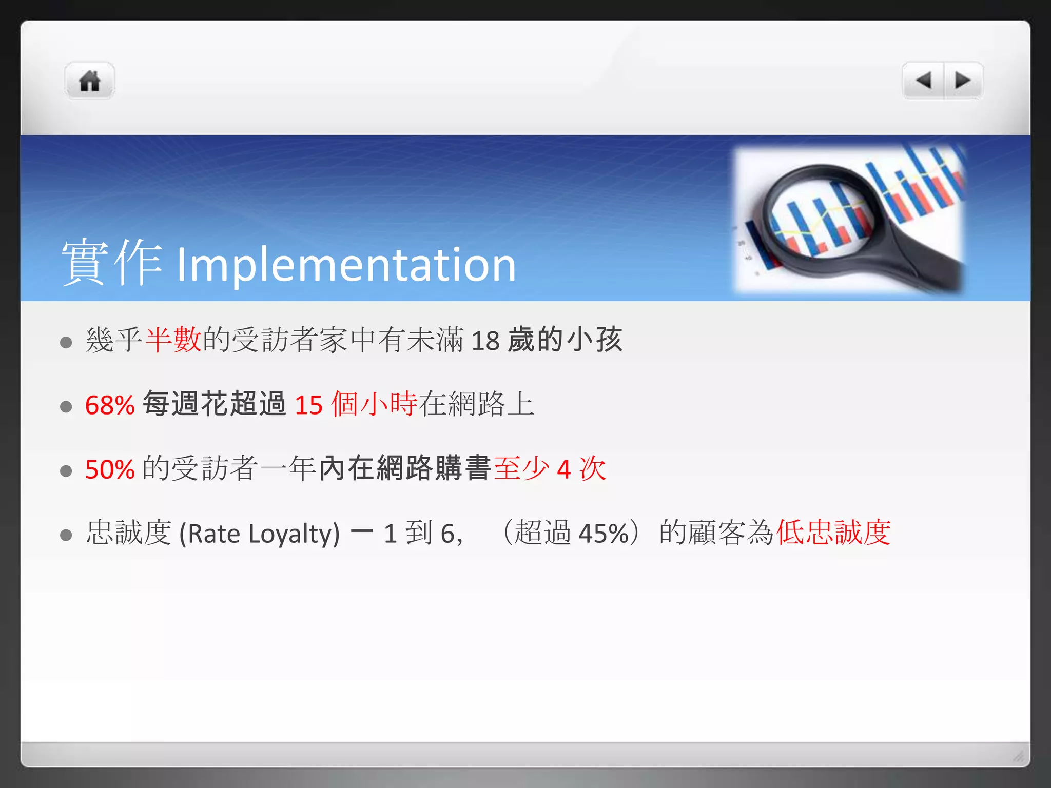 實作 Implementation
   幾乎半數的受訪者家中有未滿 18 歲的小孩

   68% 每週花超過 15 個小時在網路上

   50% 的受訪者一年內在網路購書至尐 4 次

   忠誠度 (Rate Loyalty) ㄧ 1 到 6，（超過 45%）的顧客為低忠誠度
 