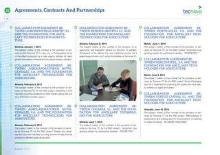 Report 2014
90
10
COLLABORATION AGREEMENT BE-
TWEEN AGROINDUSTRIAL KIMITEC, S.L.
AND THE FOUNDATION FOR ANCIL-
LARY TECHNOLOGIES FOR AGRICUL-
TURE.
Almeria, January 1, 2014
The subject matter of this contract is the provision of ser-
vices by the Tecnova TC to carry out a “Comparative study
of the effect produced by a new organic fertilizer for plant
growth stimulation in intensive horticultural tomato cultivars”.
COLLABORATION AGREEMENT BE-
TWEEN AGROLABORATORIOS NUTRI-
CIONALES, S.A. AND THE FOUNDATION
FOR ANCILLARY TECHNOLOGIES FOR
AGRICULTURE.
Almeria, February 3, 2014
The subject matter of this contract is the provision of ser-
vices by Tecnova TC for the R&D project “Obtaining a new
naturally occurring exoelicitor to treat tomato yellow leaf curl
virus (TYLCV) in tomato crops.”.
COLLABORATION AGREEMENT BE-
TWEEN AGROLABORATORIOS NUTRI-
CIONALES, S.A. AND THE FOUNDATION
FOR ANCILLARY TECHNOLOGIES FOR
AGRICULTURE.
Almeria, February 3, 2014
The subject matter of this contract is the provision of servic-
es by Tecnova TC for the R&D project “Design and devel-
opment of a new naturally occuring environmentally friendly
product to disinfect agricultural soils”.
COLLABORATION AGREEMENT BE-
TWEEN BIORIZON BIOTECH, S.L. AND
THE FOUNDATION FOR ANCILLARY
TECHNOLOGIES FOR AGRICULTURE.
Almeria, February 6, 2014
The subject matter of this contract is the provision of an
agronomic trial evaluation service by Tecnova TC entitled:
“Evaluation of the effects of a new nutritional product for a
greenhouse tomato crop” using the facilities of Tecnova TC.
COLLABORATION AGREEMENT BE-
TWEEN GOGARSA, S.L. AND THE FOUN-
DATION FOR ANCILLARY TECHNOLO-
GIES FOR AGRICULTURE.
Almeria, June 1, 2014
The subject matter of this contract is the provision of ser-
vices by Tecnova TC for the R&D project: “protected crop
growing system for subtropical varieties - TROPROTEC”.
COLLABORATION AGREEMENT BE-
TWEEN HORTO-VELEZ, S.A. AND THE
FOUNDATION FOR ANCILLARY TECH-
NOLOGIES FOR AGRICULTURE.
Motril, June 1, 2014
The subject matter of this contract is the provision of ser-
vices by Tecnova TC for the R&D project “protected crop
growing system for subtropical varieties - TROPROTEC “.
COLLABORATION AGREEMENT BE-
TWEEN MERCOMOTRIL, S.A. AND THE
FOUNDATION FOR ANCILLARY TECH-
NOLOGIES FOR AGRICULTURE.
Motril, June 9, 2014
The subject matter of this contract is the provision of ser-
vices by Tecnova TC for the R&D project “Active Packaging
and UV-C treatment for improving the quality and food safe-
ty of fresh cut apple and pears “.
COLLABORATION AGREEMENT BE-
TWEEN CORTIJO CUEVAS, S.L. AND THE
FOUNDATION FOR ANCILLARY TECH-
NOLOGIES FOR AGRICULTURE.
Granada, June 16, 2014
The subject matter of this contract is the provision of ser-
vices by Tecnova CT for the R&D project “Methodology of
preservation and coating used for the prevention of cracking
in cherry tomatoes - NO MORE CRACKING”.
Agreements, Contracts And Partnerships
 