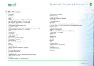 Report 2014
95
10
· HM Clause
· Hortalan S.L.
· Hortyfruta
· ICEX
· IDEA (Andalusia Innovation and Devopment Agency)
· IDM (Ideas y Desarrollo para la Mejora Continua)
· IMP (Ingeniería, mantenimiento y productividad)
· Induser Poniente S.L.
· Industrias Aeronáuticas INASOR S.L.U.
· Ingro Maquinaria S.L.
· INPMA (Moroccan National Institute of Medicinal and Aromatic Plants)
· INTECA (Innovative Technology For Agriculture)
· INRA
· Ispemar S.C.A.
· Jarquil Verde
· Koppert España .S.L.
· La Gergaleña,
· Maher Electríonica Aplicada S.L.U.
· Mediterranean Foundation
· Mercomotril, S.A.
· Miguel García Sánchez e Hijos, S.A.
· MKS
· Monsanto
· Natural Crunch S.L.
· National Council of Chambers of Commerce
· Nazaries IT
· New Growing Systems S.L.
· Novedades Agrícolas S.A.
· Nutricionales Alvi
· OMVRAM (Regional office for valuing agriculture in Moulouya)
· OTRI University of Almería
· Pelemix
· PITA (Almeria Science and Technology Park)
· Planet Horizon Technology
· Planprotect S.L.
· Plastienvase, S.L.
· Polytechnic University of Cartagena
· PonientePlast
· Praxair España S.L.U.
· PrimaRam
· Provincial Authority for Agriculture, Fisheries and Environment
· Provincial Authority for Economy, Innovation, Science and Employment.
· Ramiro Arnedo
· Reactiva Laboratorio, S.L.
· Research AG Wageningen
· RETA (Andalusian Network of Technological Spaces)
· RITEC (Riegos y Tecnología)
· Semillas Fitó
· Serfruit
· Solplast. S.A.
· Sotrafa S.A.
· Symborg
· Tecnalia
· TNO
· Top Seed Iberica
· Torresa Proyectos+Ingenieria S.L.
· Tubocas
· Única Group S.C.A
· Universidad de Almería
· UPL Iberica
Agreements, Contracts And Partnerships
Other Collaborations
 
