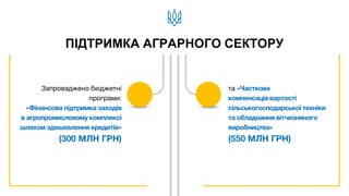 ПІДТРИМКА АГРАРНОГО СЕКТОРУ
Запроваджено бюджетні
програми:
«Фінансова підтримка заходів
в агропромисловому комплексі
шляхом здешевлення кредитів»
(300 МЛН ГРН)
та «Часткова
компенсація вартості
сільськогосподарської техніки
та обладнання вітчизняного
виробництва»
(550 МЛН ГРН)
 