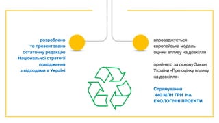 розроблено
та презентовано
остаточну редакцію
Національної стратегії
поводження
з відходами в Україні
впроваджується
європейська модель
оцінки впливу на довкілля
прийнято за основу Закон
України «Про оцінку впливу
на довкілля»
Спрямування
440 МЛН ГРН НА
ЕКОЛОГІЧНІ ПРОЕКТИ
 