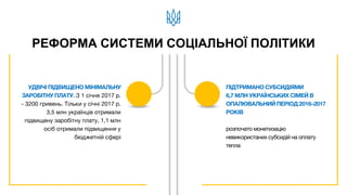 РЕФОРМА СИСТЕМИ СОЦІАЛЬНОЇ ПОЛІТИКИ
УДВІЧІ ПІДВИЩЕНО МІНІМАЛЬНУ
ЗАРОБІТНУ ПЛАТУ. З 1 січня 2017 р.
- 3200 гривень. Тільки у січні 2017 р.
3,5 млн українців отримали
підвищену заробітну плату, 1,1 млн
осіб отримали підвищення у
бюджетній сфері
ПІДТРИМАНО СУБСИДІЯМИ
6,7 МЛН УКРАЇНСЬКИХ СІМЕЙ В
ОПАЛЮВАЛЬНИЙ ПЕРІОД 2016–2017
РОКІВ
розпочато монетизацію
невикористаних субсидій на оплату
тепла
 