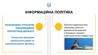 ІНФОРМАЦІЙНА ПОЛІТИКА
РОЗРОБЛЕНО СТРАТЕГІЮ
ІНФОРМАЦІЙНОЇ
РЕІНТЕГРАЦІЇ ДОНБАСУ
Розпочато мовлення
українського радіо на
окуповані райони Донбасу
Розпочато будівництво вежі
у Бахмутівці, досягнуто
домовленостей щодо вежі
в Покровську, посилено
український сигнал в Авдіївці тощо
 